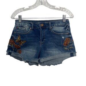 Vanilla Star Mid Rise Shortie Denim Shorts Embroidered Floral Butterfly Size 7 B